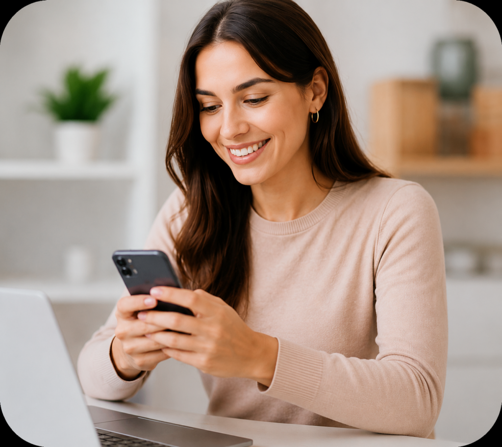 chica con movil en mano sentada en su escritorio