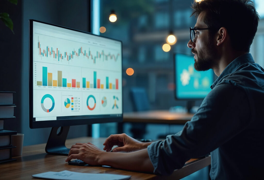 hombre frente pantalla computadora donde visualiza graficos
